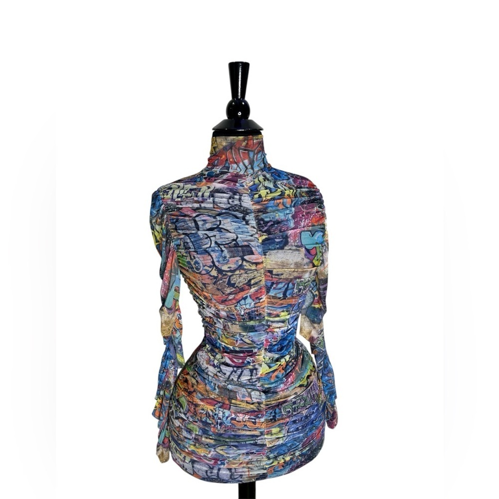 Shelly Colorful Abstract Long Sleeve Sheer Mesh Dress - Picture 3 of 12